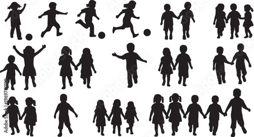 Diverse Group of Children Playing and Crawling in Black Silhouette Style on White Background silhouette This image showcases