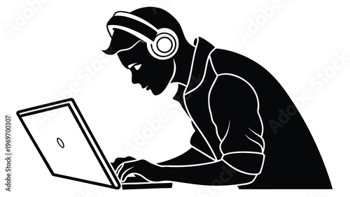 Black Silhouette of Man Wearing Headphones Using Laptop – Remote Work, Online Communication, Digital Productivity, Freelance Lifestyle, Technology User Concept Vector
