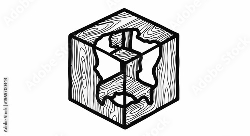 Abstract wood cube illustration with internal structure and wood grain texture