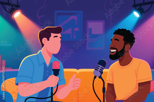 Podcast interview on couch with microphones and colorful studio lights, stylized vector illustration of modern media.