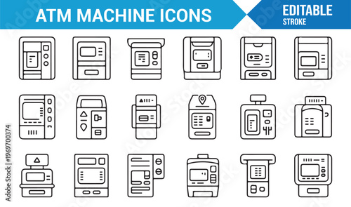 Cash machine icons collection with banking and transaction elements
