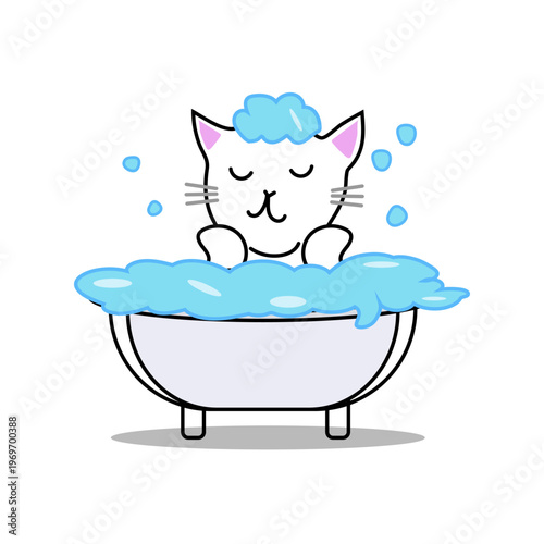 Cute white cat taking a relaxing bubble bath in a tub cartoon vector illustration.