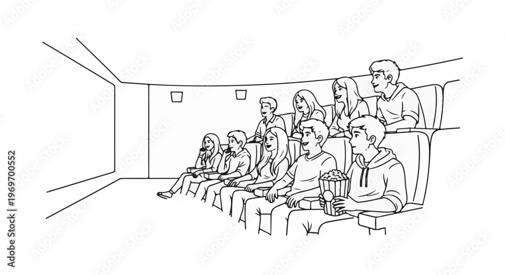 Obraz premium Audience watches movie in dark theater, enjoying popcorn and the screen