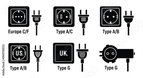 Various electrical outlet and plug types are illustrated in black and white