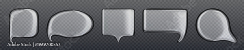 Glossy transparent chat bubble icon with liquid glass effect, set of realistic vector shapes. Modern 3D speech balloons for messaging apps, digital communication interfaces, and tech dialogue design