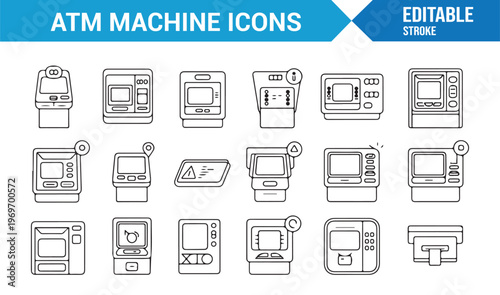 ATM machine vector icons set for banking and financial transactions