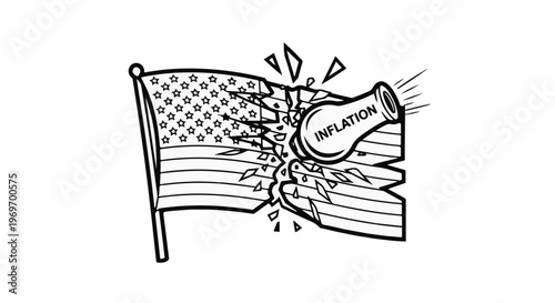 American flag shattered by a cannonball labeled inflation