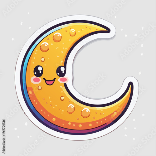 Captivating illustration of a cheerful crescent moon, radiating warmth with a sparkling golden surface and an adorable smile, perfect for infusing designs with whimsical delight
