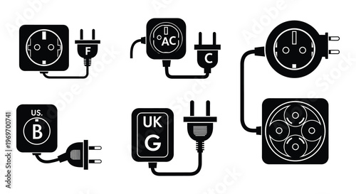 Various electrical outlet and plug types are illustrated in black and white