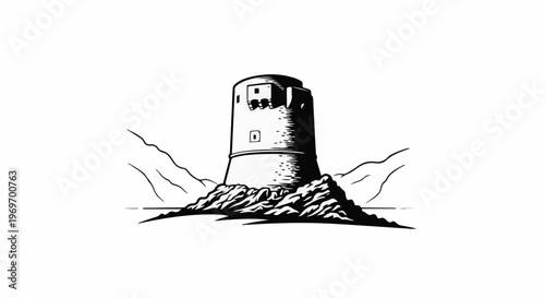 An old stone tower stands on a rocky outcrop by the sea