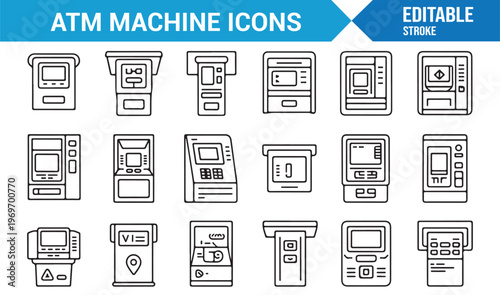 Automated teller machine icons set for finance and banking services