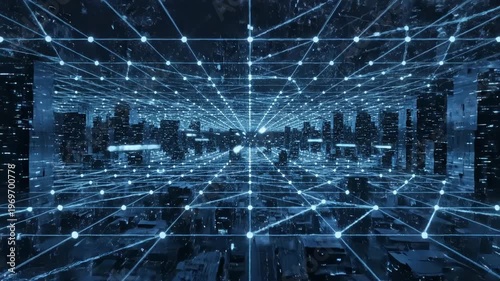 Futuristic digital network grid overlaying a dark city skyline, representing global connectivity, data flow, and hightech communication infrastructure