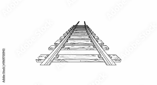 An overhead view looking down vintage train tracks made of wooden ties and metal rails