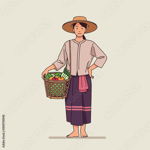 Asian Farmer Woman with Basket of Produce
