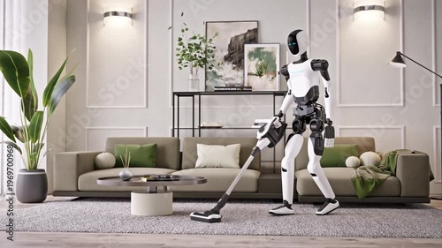 Wallpaper Mural AI-powered humanoid robot cleaning apartment, vacuuming a modern living room. Advanced household automation and AI housekeeping assistant. Future smart home technology. 3d animation rendering Torontodigital.ca