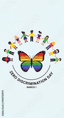 Rainbow Butterfly Centered as Children Circle Around for Zero Discrimination Day.