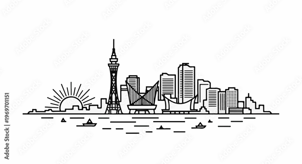 Fototapeta premium City skyline with a tall tower, buildings, boats, and sunrise