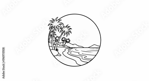 Circular emblem depicts a tropical beach scene with palm trees and ocean