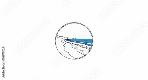 Circular illustration of a coastline with blue ocean, sandy shore, and distant hills