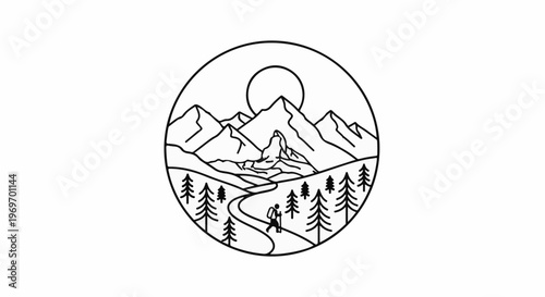 Circular mountain landscape with a lone hiker on a winding path