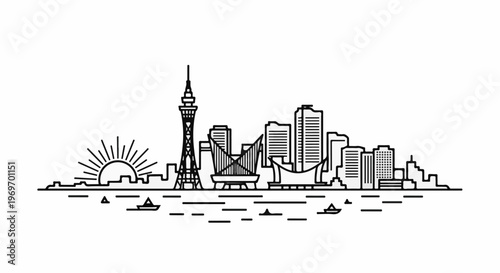 City skyline with a tall tower, buildings, boats, and sunrise