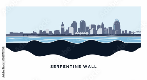 City skyline with river and dark wavy foreground