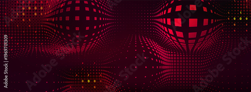 Abstract tech vector background with red halftone light effects, glowing digits and pixel data pattern. Modern digital fintech design with mesh texture and convex bubble elements