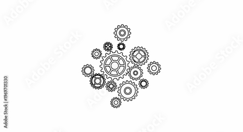Cluster of various sized gears, line art, on a white background