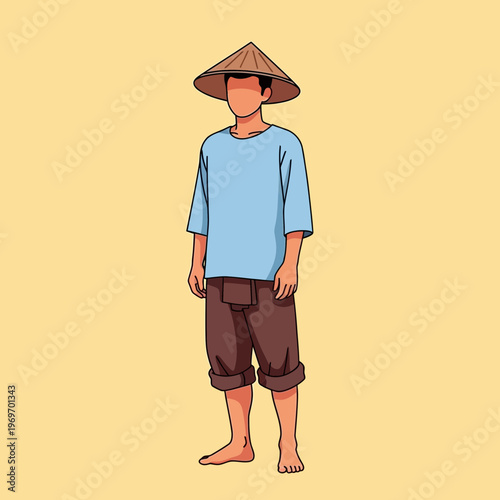 Farmer wearing conical hat, light blue shirt, brown shorts, standing barefoot on yellow background