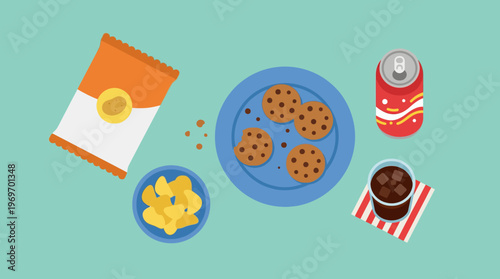 Assortment of Popular Snack Foods and Refreshing Beverages for a Casual Gathering.