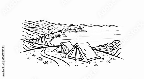 Coastal camping scene with two tents near a bay and rolling hills