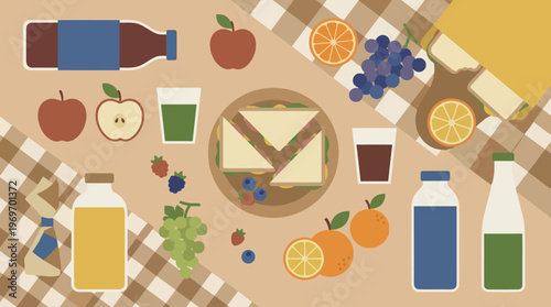 Assortment of Fresh Beverages and Healthy Snacks for a Refreshing Meal.