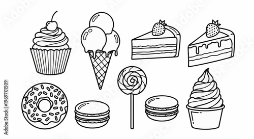Collection of delicious baked goods, ice cream and candy line art