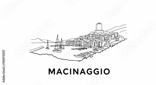 Coastal village with sailboats and motorboats in a harbor