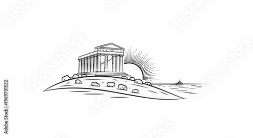 Ancient temple on island hill with rising sun and distant ship