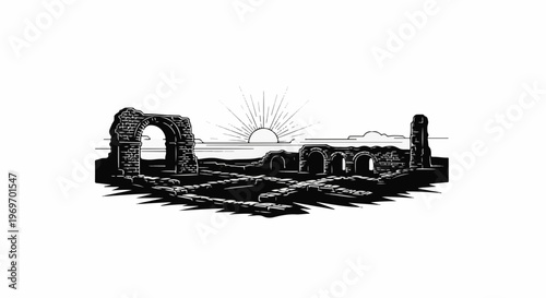 Ancient stone ruins with a rising sun over a distant horizon