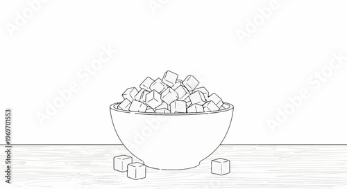 Bowl overflowing with sugar cubes on a wooden surface