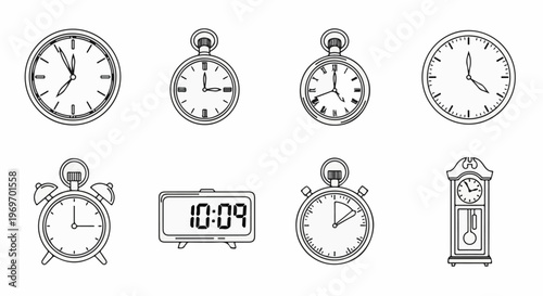 Collection of diverse timekeeping devices, from analog to digital displays