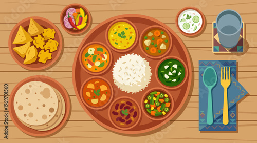 Traditional Indian Thali Meal with Assorted Dishes and Rice.