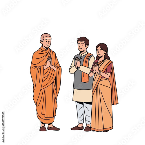 Monk greets Indian couple with Namaste gesture