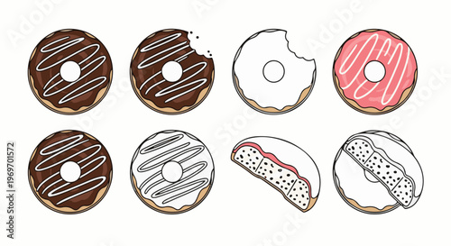 Collection of eight digital illustrations of doughnuts with various frostings and toppings