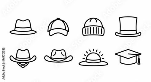 Collection of eight distinct hat and cap outlines on a white background
