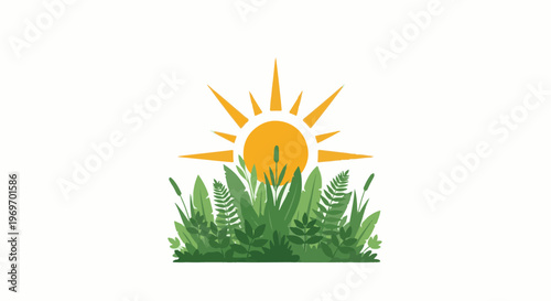 Bright sun shining over a lush green landscape of diverse plants