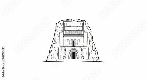 Ancient tomb carved into rock with figures and balcony detail