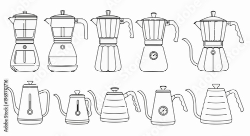 Collection of line art drawings of various coffee makers and kettles