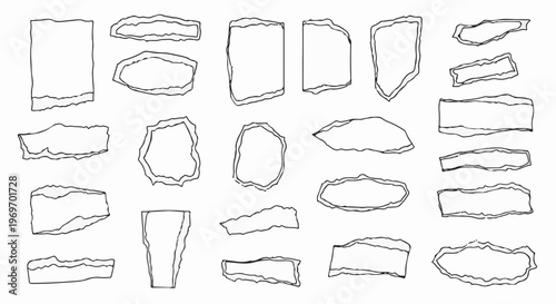Collection of irregular hand-drawn shapes with torn edges, outlined