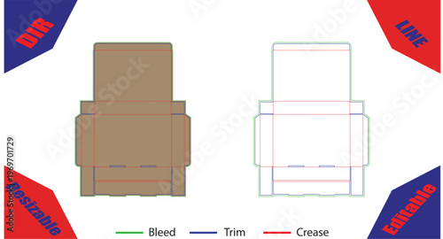 Orange and white cardboard box packaging template with bleed trim and crease lines