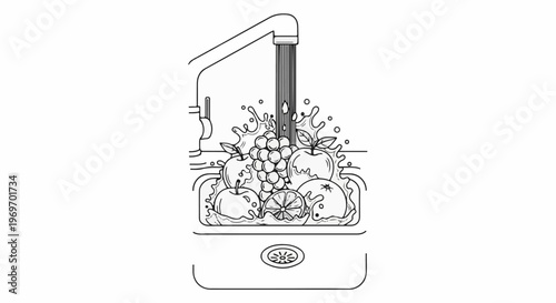 Apples, grapes, and citrus fruit being rinsed in a sink under a faucet