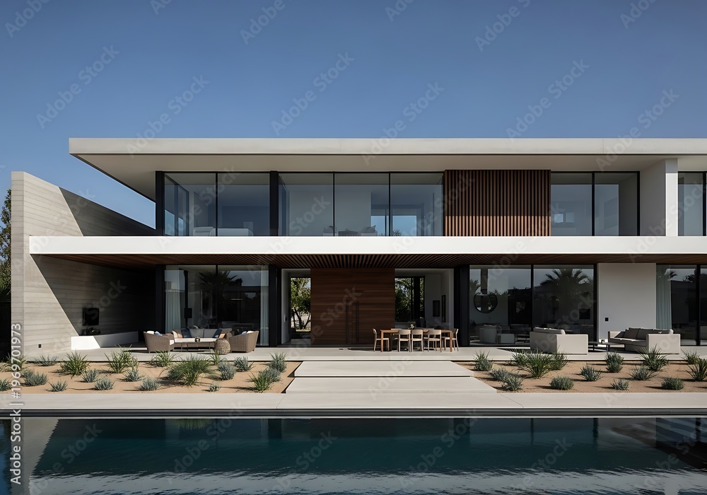 Fototapeta premium Contemporary luxury villa showcasing architectural finesse near pool water