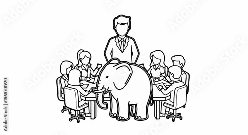 Business meeting interrupted by a large elephant
